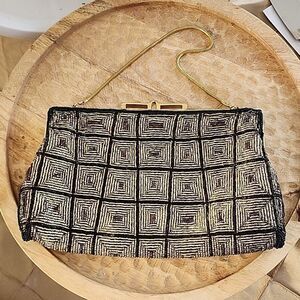 Vintage Delill 1960's Beaded Gold & Black Evening Bag